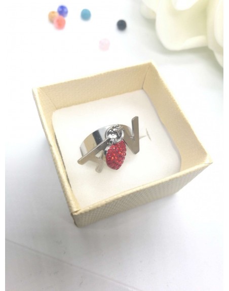 Anello acciaio con lettere e cuore zirconato rosso misura regolabile
