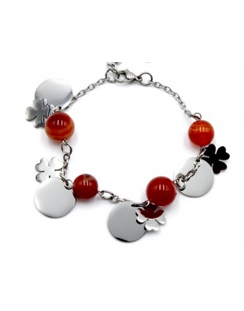 Bracciale acciaio con perle rosse  e quadrifoglio realizzato a mano