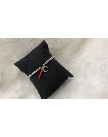 Bracciale acciaio inossidabile con pendente corona e cornetto rosso