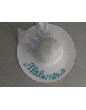 Cappello paglia bianco con fiocco e nome colore azzurro