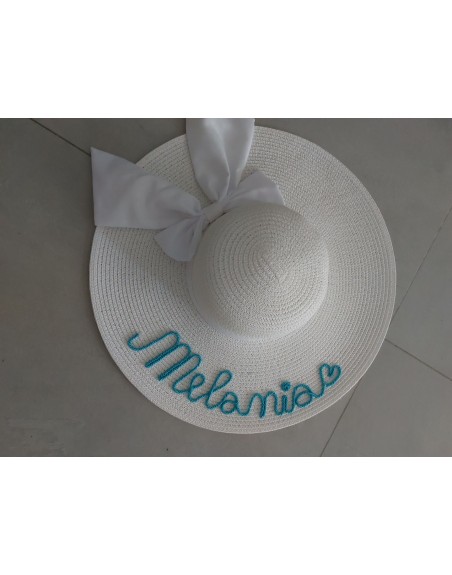 Cappello paglia bianco con fiocco e nome colore azzurro
