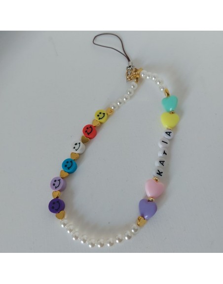 Ciondolo cellulare con perle bianche ,smile e cuori