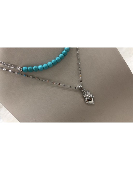 Collana 2 in 1 in acciaio  inossdiabile con pietre dure turchese  e ciondolo cuore sacro