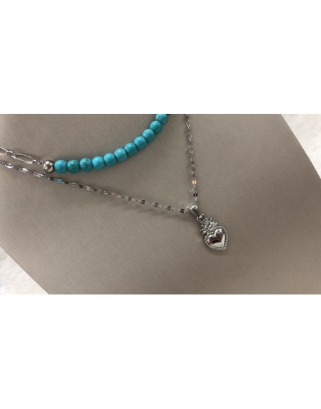 Collana 2 in 1 in acciaio  inossdiabile con pietre dure turchese  e ciondolo cuore sacro