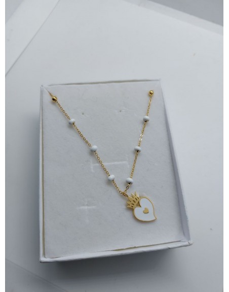 Collana acciaio colore oro con pallini e ciondolo cuore sacro bianco disponibile anche nero