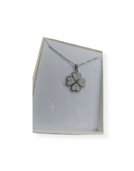 Collana acciaio con quadrifoglio brillantinato
