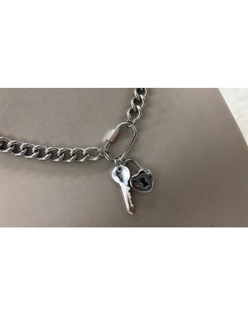 Collana acciaio inossidabile  catena doppia con ciondolo chiave e catenaccio