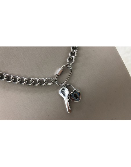 Collana acciaio inossidabile  catena doppia con ciondolo chiave e catenaccio