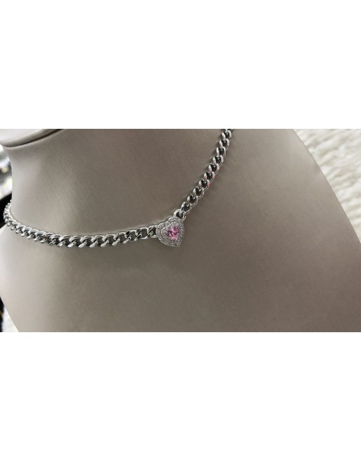 Collana catena con cuore e zirconcino rosa