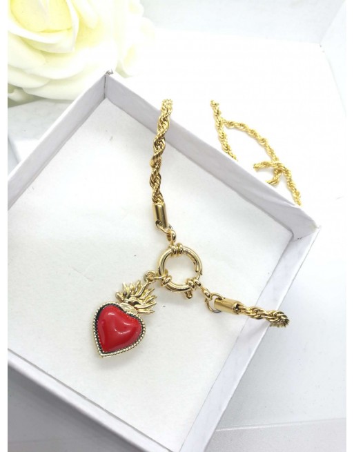 Collana catena corda colore oro acciaio inossidabile con cuore sacro  rosso