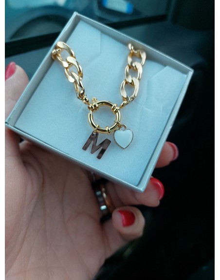 Collana catena doppia lunghezza 55 cm con lettera e cuore smaltato bianco