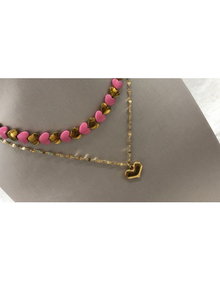 Collana doppio filo unico aggancio con pietre dure rosa e ciondolo cuore