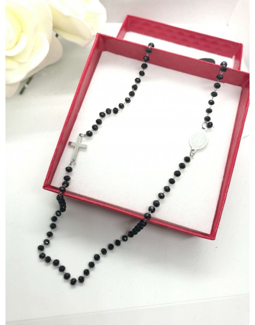 Collana rosarii acciaio inossidabile girocollo con perline nero e catena color argento