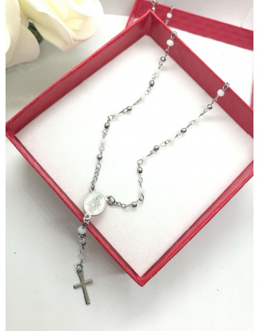 Collana rosario lungo con perline oro rosa e catena color oro rosa misura 65 cm