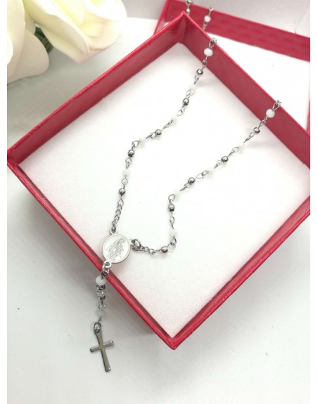 Collana rosario lungo con perline oro rosa e catena color oro rosa misura 65 cm