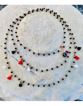 Collana rosario nero e oro con nappine colorate e lettera realizzata a mano
