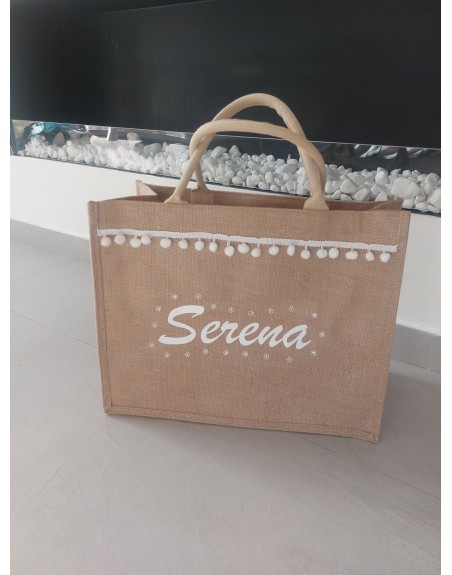 Borsa juta naturale misura 32x40 con nome e nappina bianca