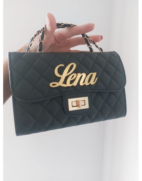 Borsa ecopelle colore nero  con nome in plexiglass dorato  misura 25 cm