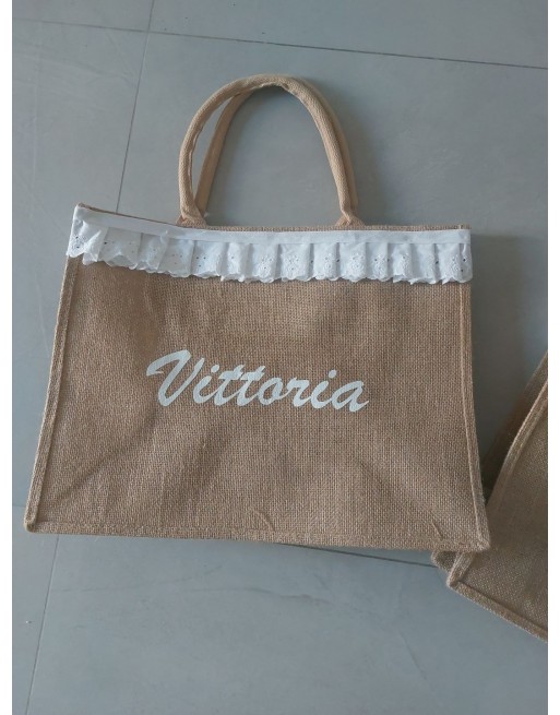 Borsa juta 32x43 cm  con nome  merletto