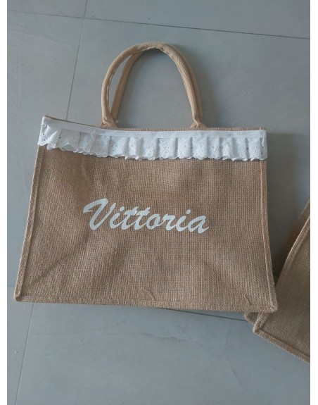Borsa juta 32x43 cm  con nome  merletto