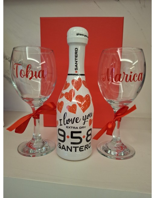 Box con scatola 2 calici personalizzati bottiglia santero love