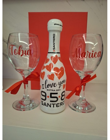 Box con scatola 2 calici personalizzati bottiglia santero love