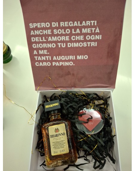 Box scatola personalizzata con mini liquore di sarono 20 cl e portachiavi con frase personalizzata