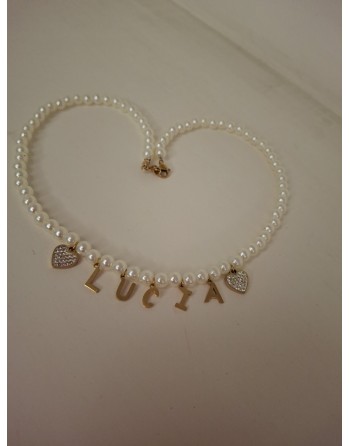Collana perla con nome e cuori strass
